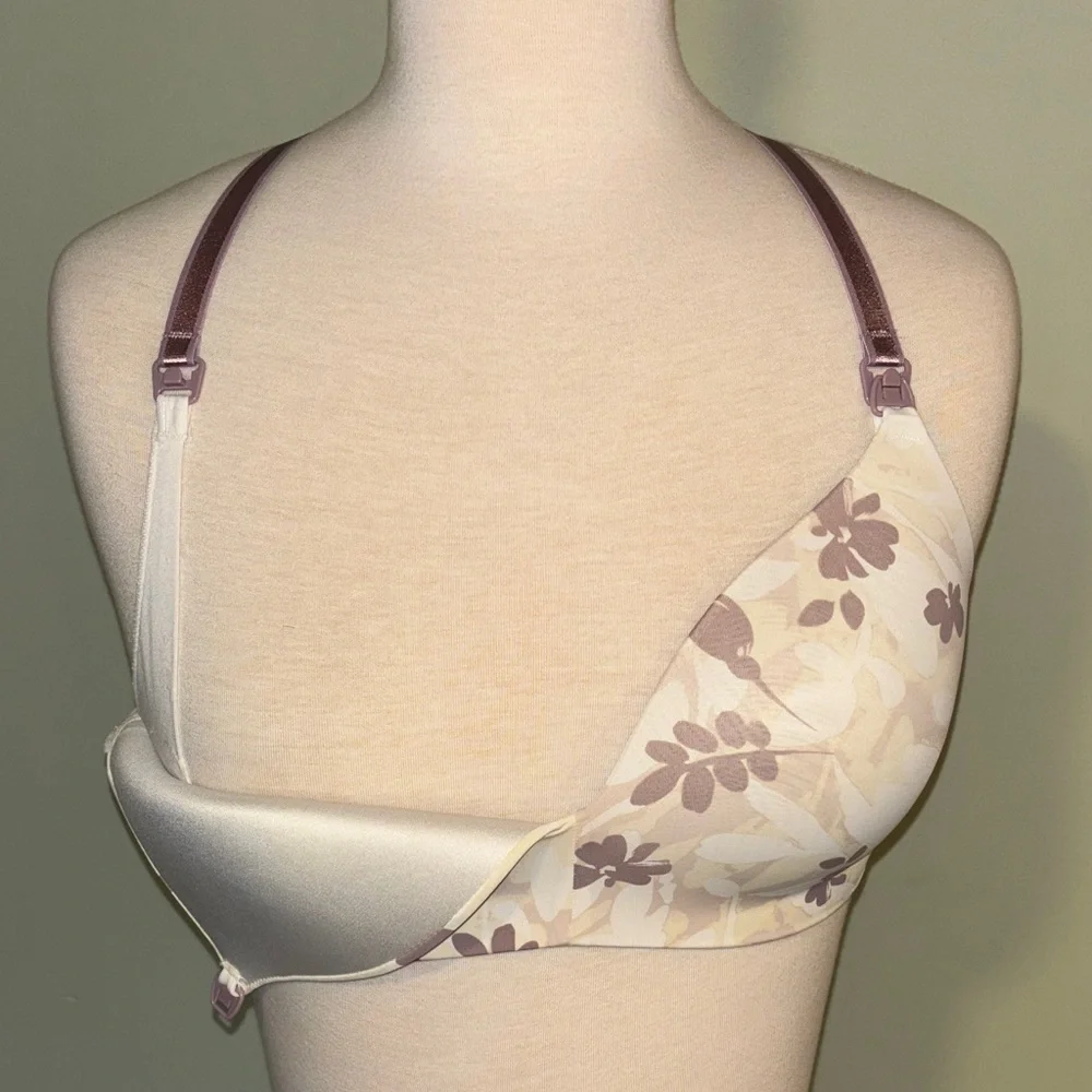AUDEN Elegant Floral Women's nursing wireless Bra in Cream and Purple size 32D